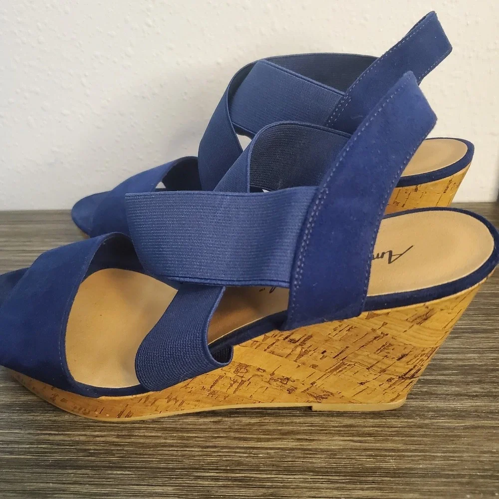 American Eagle Women's Ryan Wedge Sandals Navy Blue Cork Heel Straps‎ Size 9.5